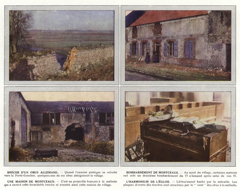 Wyrwanie niemieckiej muszli, bombardowanie Montceaux, dom Montceaux, harmonium kościoła autorstwa Jules Gervais Courtellemont