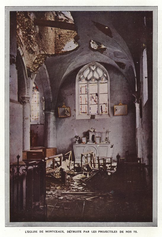 Kościół Montceaux, zniszczony przez pociski z nr 75 autorstwa Jules Gervais Courtellemont