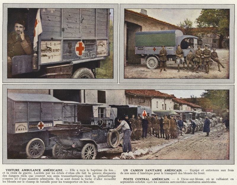 American Ambulance Car, American Sanitary Truck, American Central Post Office autorstwa Jules Gervais Courtellemont