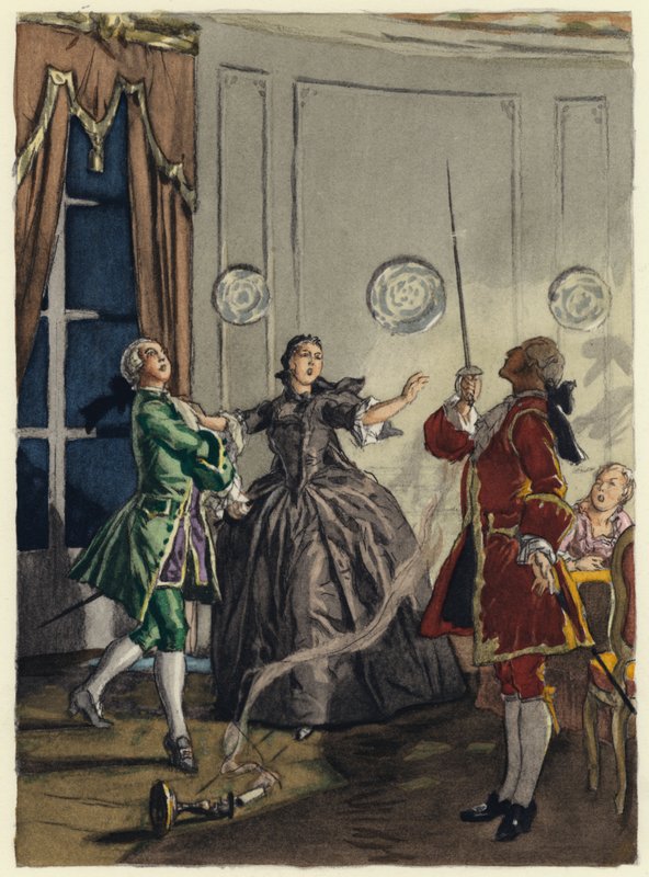 Ilustracja do pamiętników Casanovy (kolorowa litografia) autorstwa Jules Marie Auguste Leroux