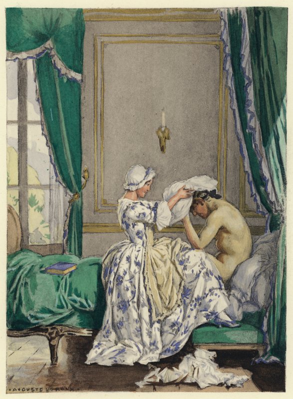 Ilustracja do pamiętników Casanovy (kolorowa litografia) autorstwa Jules Marie Auguste Leroux