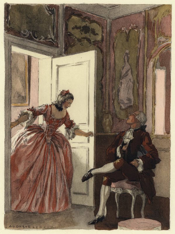 Ilustracja do pamiętników Casanovy (kolorowa litografia) autorstwa Jules Marie Auguste Leroux