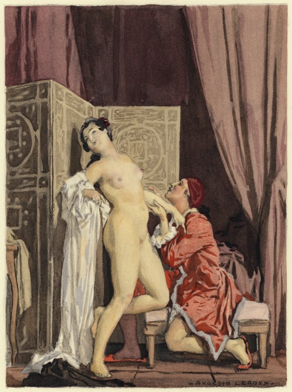 Ilustracja do pamiętników Casanovy (kolorowa litografia) autorstwa Jules Marie Auguste Leroux