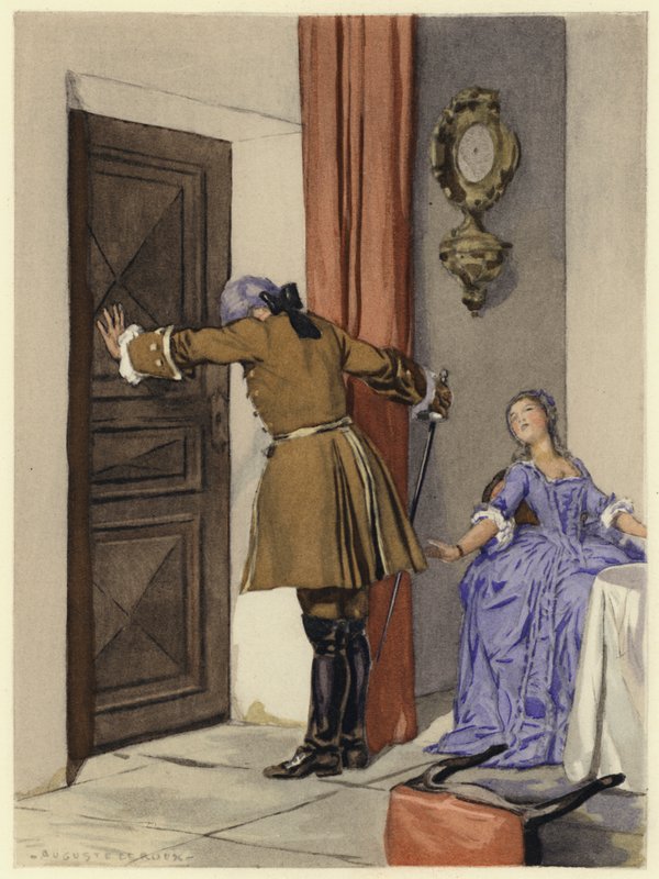 Ilustracja do pamiętników Casanovy (kolorowa litografia) autorstwa Jules Marie Auguste Leroux