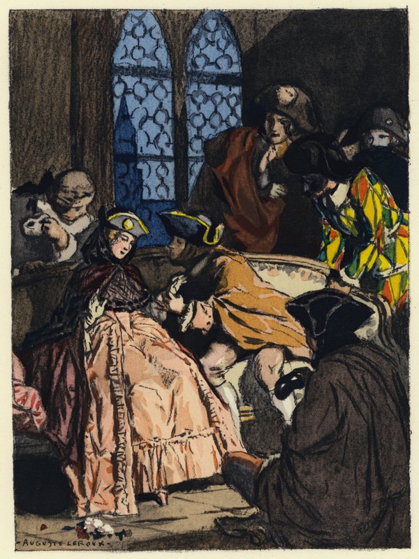 Ilustracja do pamiętników Casanovy (kolorowa litografia) autorstwa Jules Marie Auguste Leroux