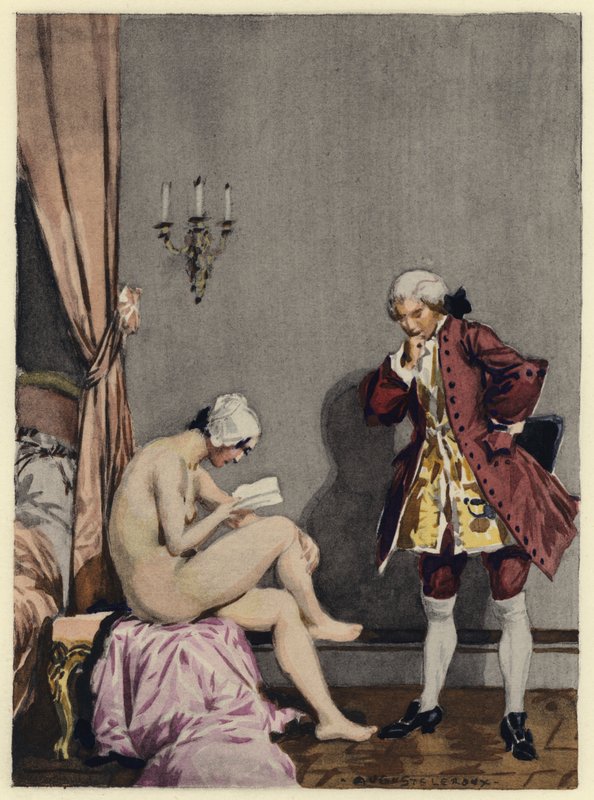 Ilustracja do pamiętników Casanovy (kolorowa litografia) autorstwa Jules Marie Auguste Leroux