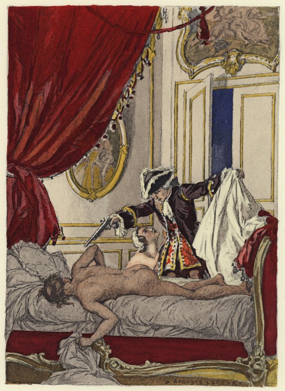 Ilustracja do pamiętników Casanovy (kolorowa litografia) autorstwa Jules Marie Auguste Leroux