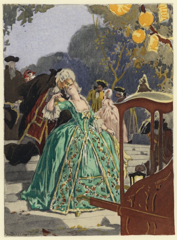 Ilustracja do pamiętników Casanovy (kolorowa litografia) autorstwa Jules Marie Auguste Leroux