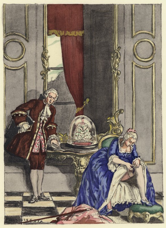 Ilustracja do pamiętników Casanovy (kolorowa litografia) autorstwa Jules Marie Auguste Leroux