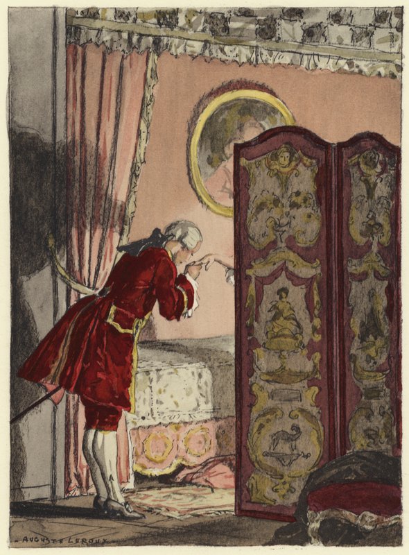 Ilustracja do pamiętników Casanovy (kolorowa litografia) autorstwa Jules Marie Auguste Leroux