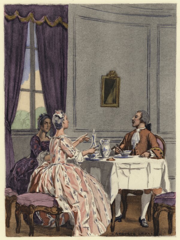 Ilustracja do pamiętników Casanovy (kolorowa litografia) autorstwa Jules Marie Auguste Leroux