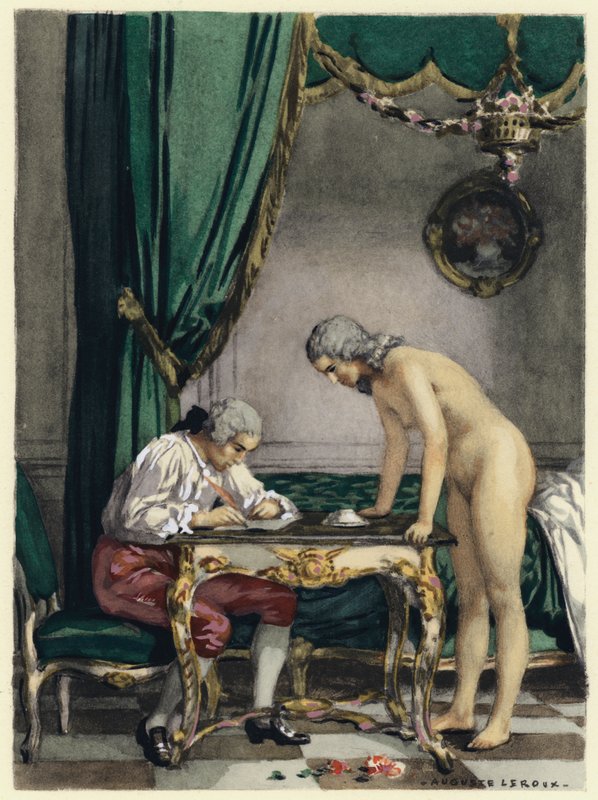 Ilustracja do pamiętników Casanovy (kolorowa litografia) autorstwa Jules Marie Auguste Leroux