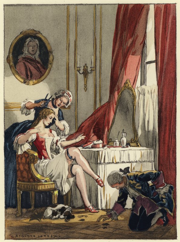Ilustracja do pamiętników Casanovy (kolorowa litografia) autorstwa Jules Marie Auguste Leroux