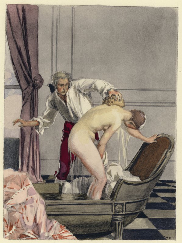 Ilustracja do pamiętników Casanovy (kolorowa litografia) autorstwa Jules Marie Auguste Leroux