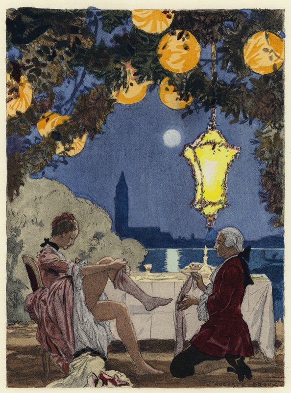 Ilustracja do pamiętników Casanovy (kolorowa litografia) autorstwa Jules Marie Auguste Leroux