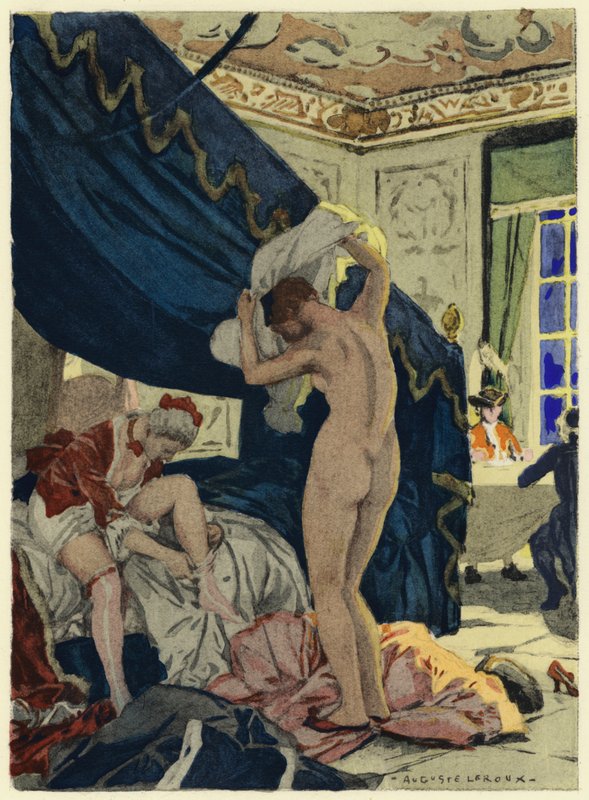 Ilustracja do pamiętników Casanovy (kolorowa litografia) autorstwa Jules Marie Auguste Leroux