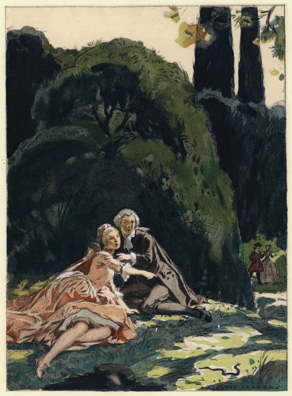 Ilustracja do pamiętników Casanovy (kolorowa litografia) autorstwa Jules Marie Auguste Leroux
