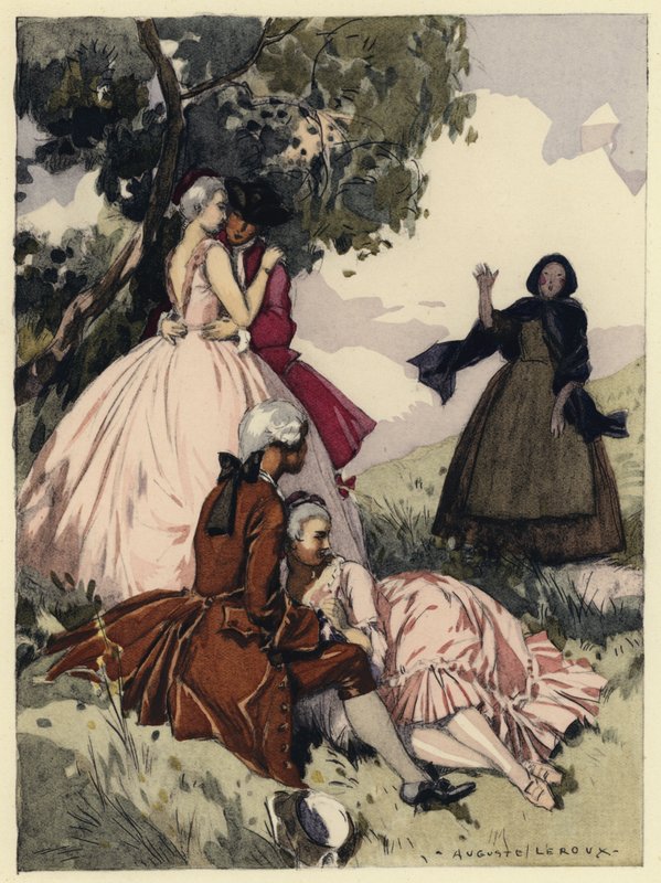 Ilustracja do pamiętników Casanovy (kolorowa litografia) autorstwa Jules Marie Auguste Leroux