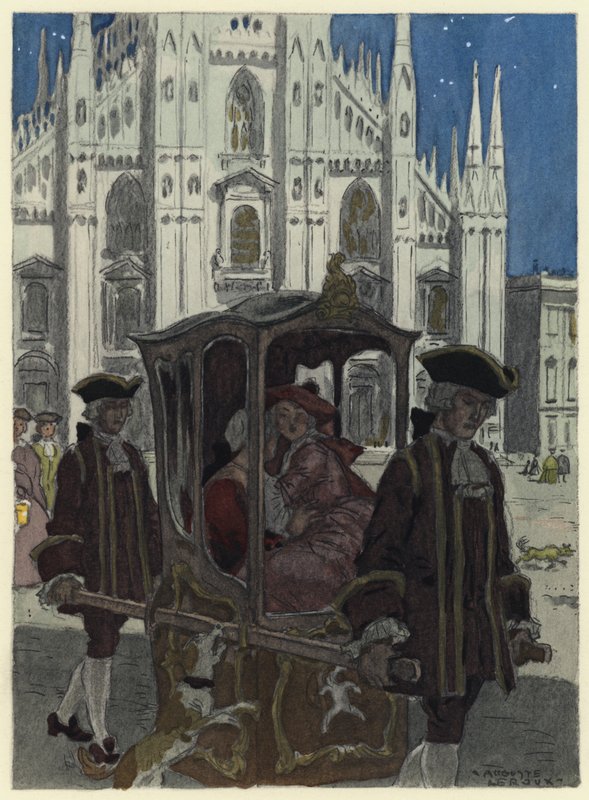 Ilustracja do pamiętników Casanovy (kolorowa litografia) autorstwa Jules Marie Auguste Leroux