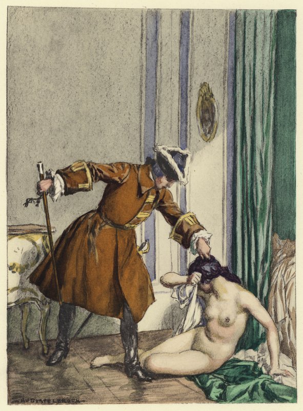 Ilustracja do pamiętników Casanovy (kolorowa litografia) autorstwa Jules Marie Auguste Leroux