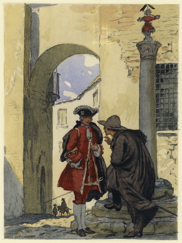 Ilustracja do pamiętników Casanovy (kolorowa litografia) autorstwa Jules Marie Auguste Leroux