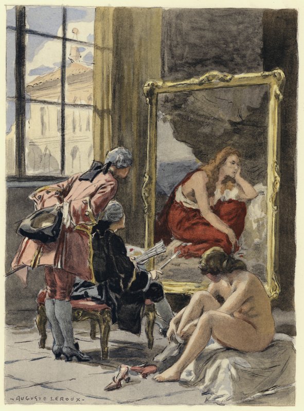 Ilustracja do pamiętników Casanovy (kolorowa litografia) autorstwa Jules Marie Auguste Leroux