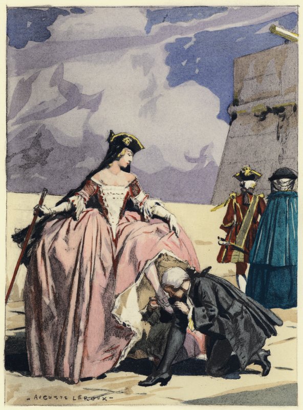 Ilustracja do pamiętników Casanovy (kolorowa litografia) autorstwa Jules Marie Auguste Leroux