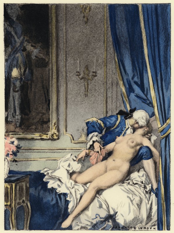 Ilustracja do pamiętników Casanovy (kolorowa litografia) autorstwa Jules Marie Auguste Leroux