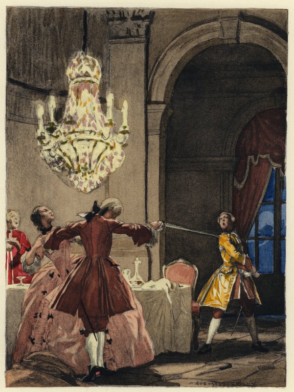 Ilustracja do pamiętników Casanovy (kolorowa litografia) autorstwa Jules Marie Auguste Leroux