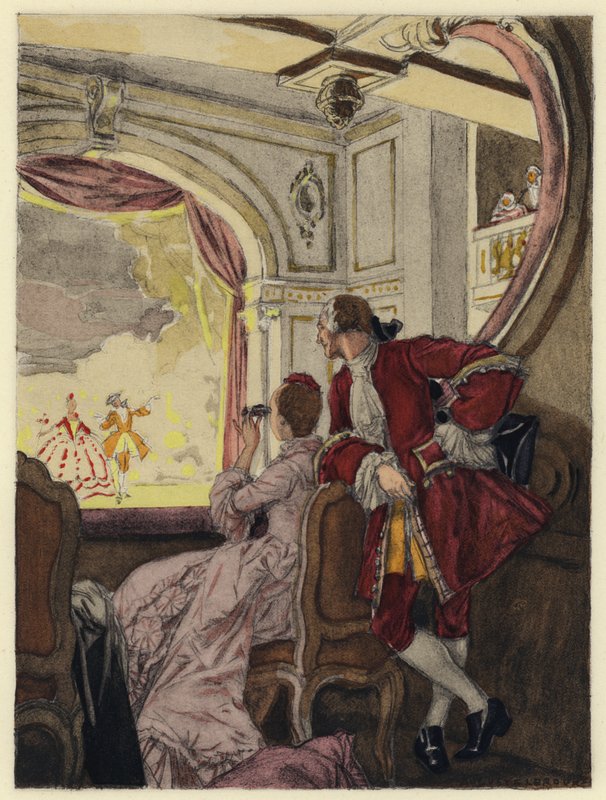 Ilustracja do pamiętników Casanovy (kolorowa litografia) autorstwa Jules Marie Auguste Leroux