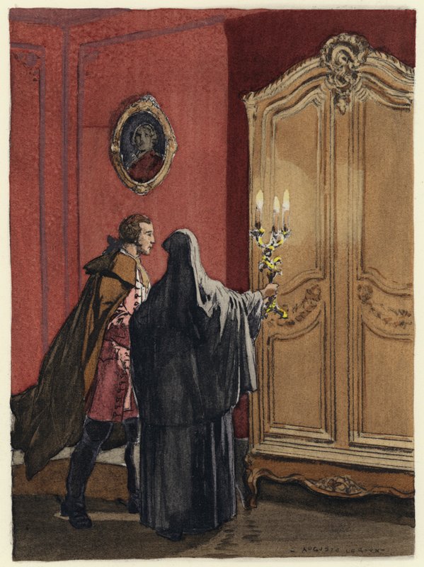 Ilustracja do pamiętników Casanovy (kolorowa litografia) autorstwa Jules Marie Auguste Leroux