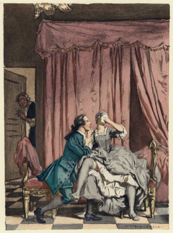 Ilustracja do pamiętników Casanovy (kolorowa litografia) autorstwa Jules Marie Auguste Leroux