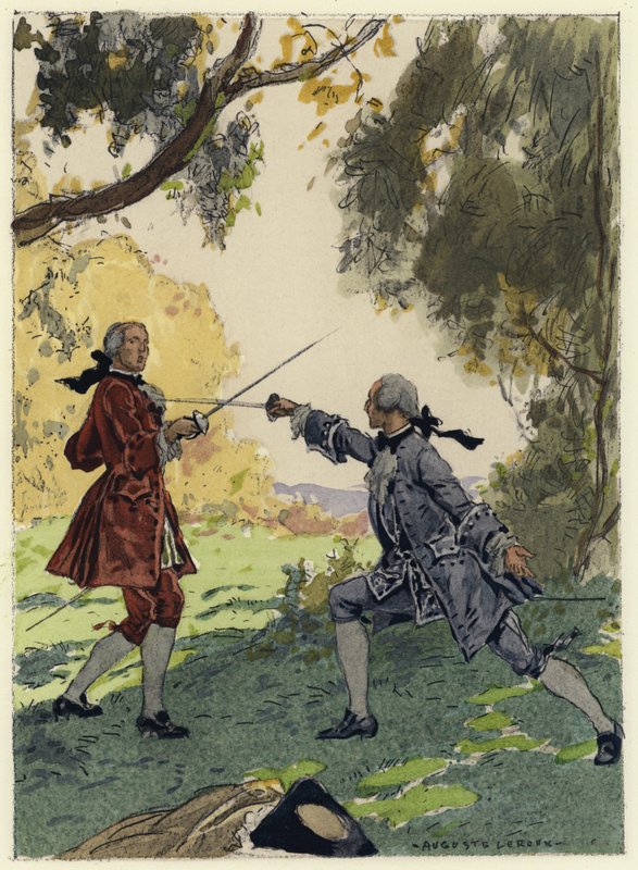 Ilustracja do pamiętników Casanovy (kolorowa litografia) autorstwa Jules Marie Auguste Leroux