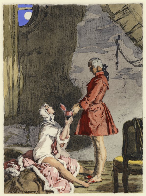 Ilustracja do pamiętników Casanovy (kolorowa litografia) autorstwa Jules Marie Auguste Leroux