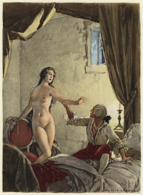 Ilustracja do pamiętników Casanovy (kolorowa litografia) autorstwa Jules Marie Auguste Leroux