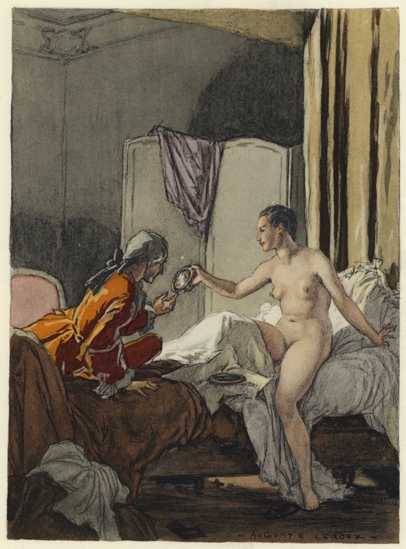 Ilustracja do pamiętników Casanovy (kolorowa litografia) autorstwa Jules Marie Auguste Leroux