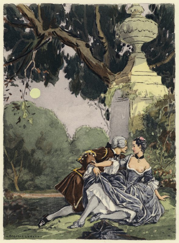 Ilustracja do pamiętników Casanovy (kolorowa litografia) autorstwa Jules Marie Auguste Leroux