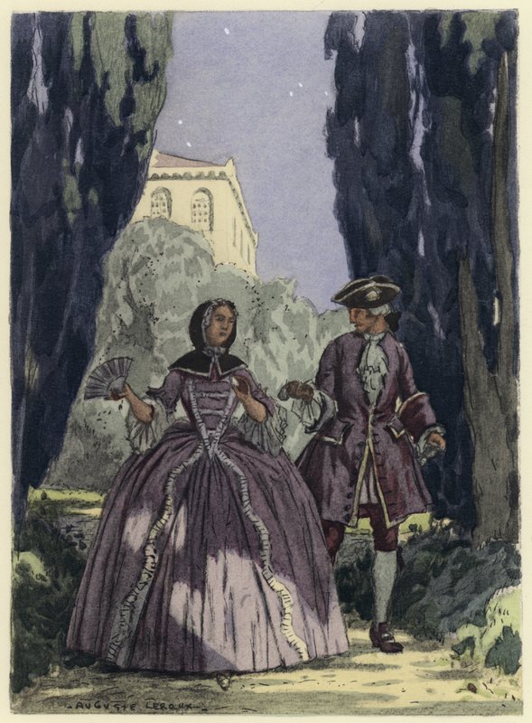 Ilustracja do pamiętników Casanovy (kolorowa litografia) autorstwa Jules Marie Auguste Leroux