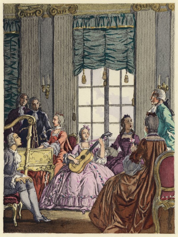Ilustracja do pamiętników Casanovy (kolorowa litografia) autorstwa Jules Marie Auguste Leroux