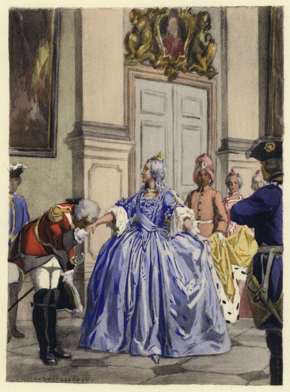 Ilustracja do pamiętników Casanovy (kolorowa litografia) autorstwa Jules Marie Auguste Leroux