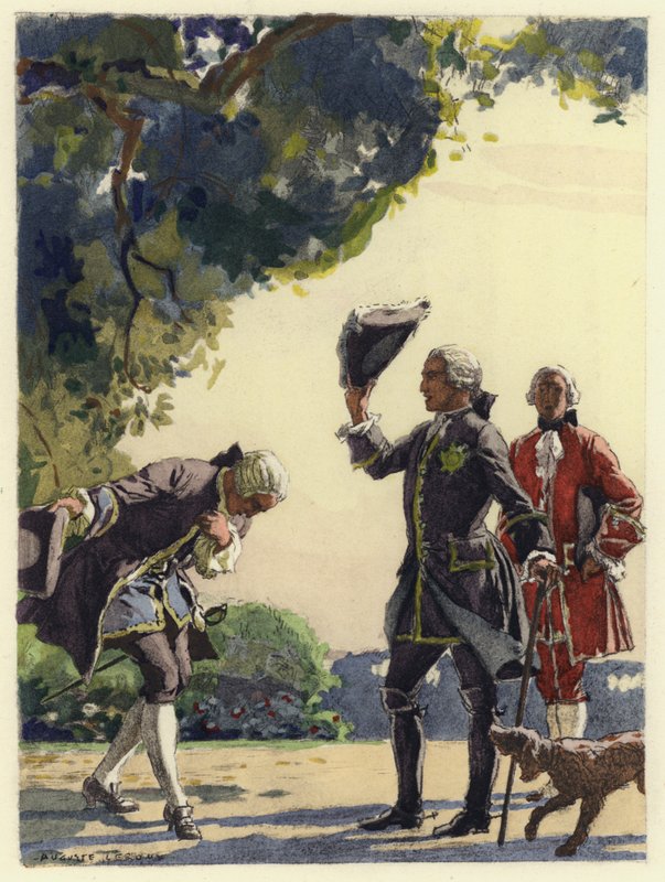 Ilustracja do pamiętników Casanovy (kolorowa litografia) autorstwa Jules Marie Auguste Leroux