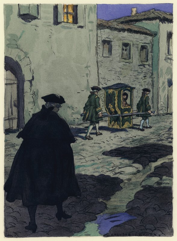 Ilustracja do pamiętników Casanovy (kolorowa litografia) autorstwa Jules Marie Auguste Leroux