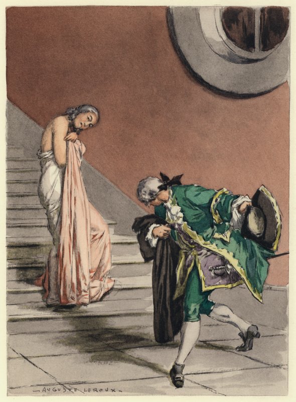Ilustracja do pamiętników Casanovy (kolorowa litografia) autorstwa Jules Marie Auguste Leroux