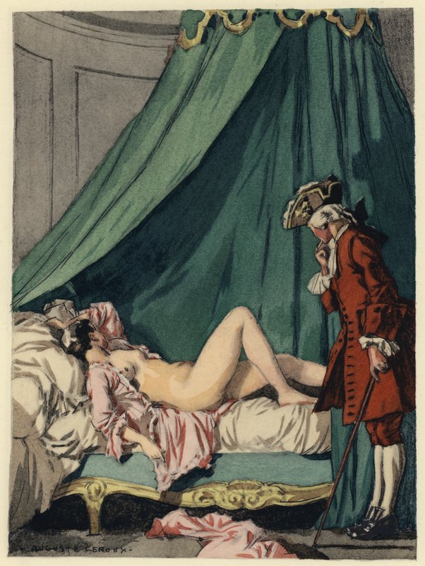 Ilustracja do pamiętników Casanovy (kolorowa litografia) autorstwa Jules Marie Auguste Leroux