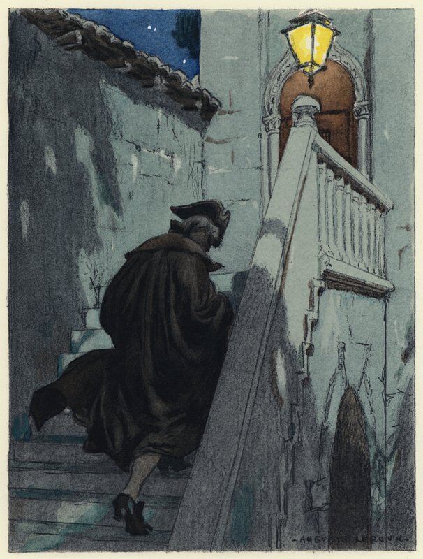 Ilustracja do pamiętników Casanovy (kolorowa litografia) autorstwa Jules Marie Auguste Leroux