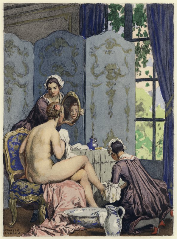 Ilustracja do pamiętników Casanovy (kolorowa litografia) autorstwa Jules Marie Auguste Leroux
