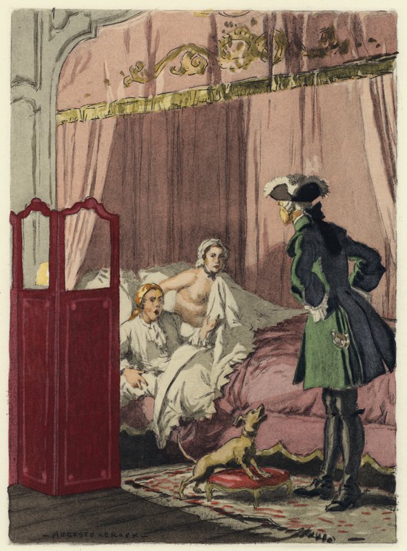 Ilustracja do pamiętników Casanovy (kolorowa litografia) autorstwa Jules Marie Auguste Leroux