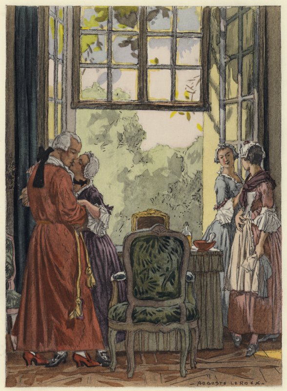 Ilustracja do pamiętników Casanovy (kolorowa litografia) autorstwa Jules Marie Auguste Leroux