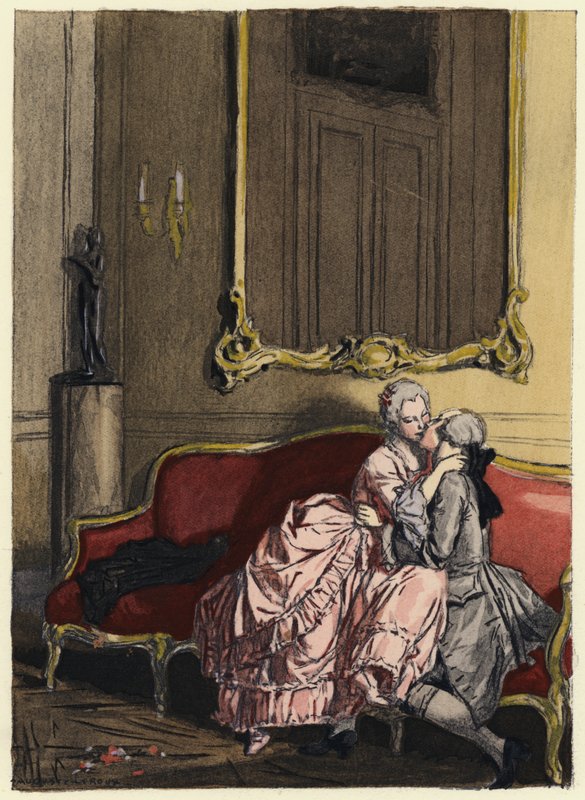 Ilustracja do pamiętników Casanovy (kolorowa litografia) autorstwa Jules Marie Auguste Leroux