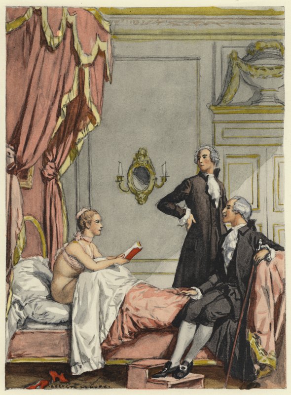 Ilustracja do pamiętników Casanovy (kolorowa litografia) autorstwa Jules Marie Auguste Leroux